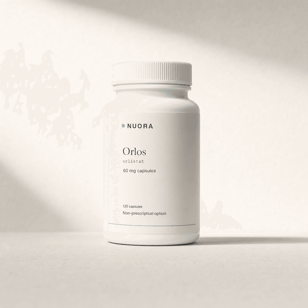 Orlos by Nuora orlistat 60 mg capsule bottle, photographed editorially on a mineral cream surface